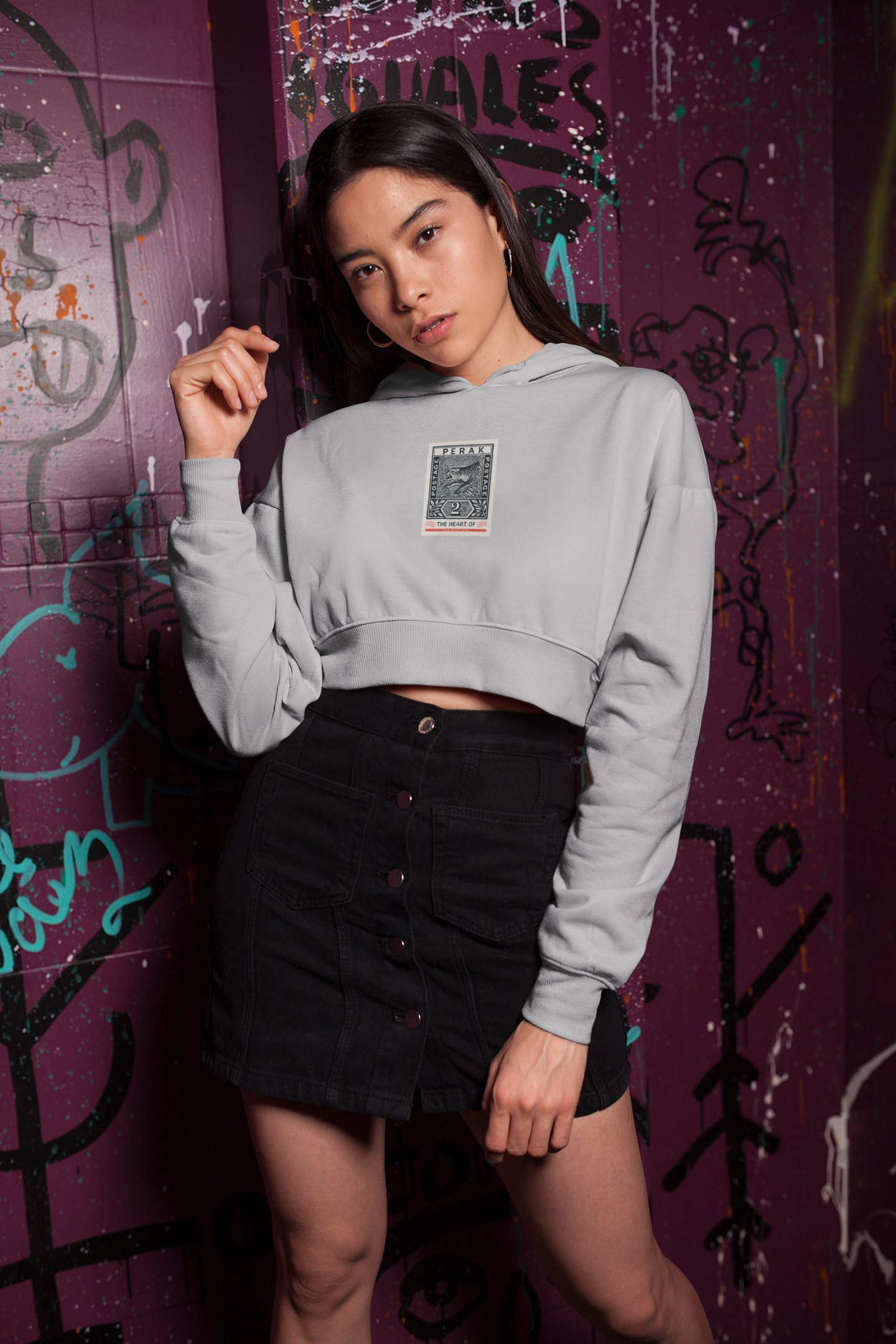 Chic Vintage - Crop Hoodie - Charcoal Grey Perak Stamp - Women