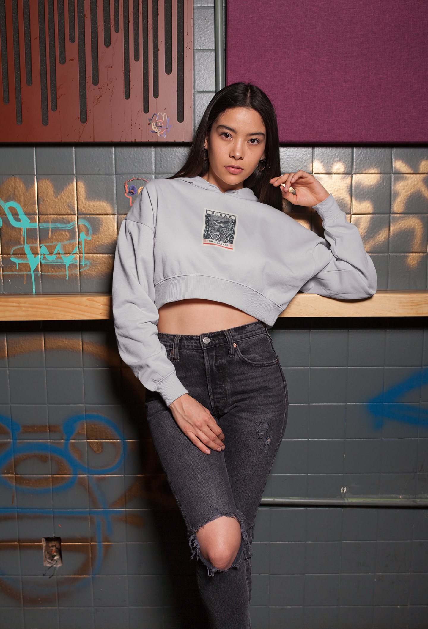 Chic Vintage - Crop Hoodie - Charcoal Grey Perak Stamp - Women